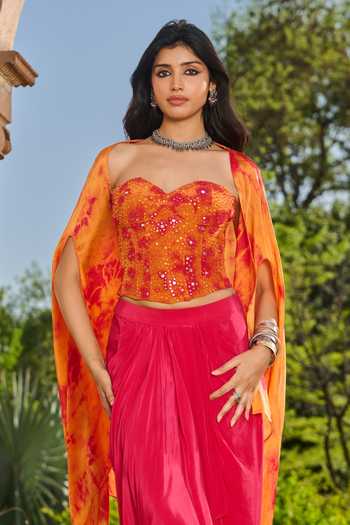 RINESSA_Orange Georgette, Crepe, Satin, Shantoon Sequins, Tie Dye Cape And Dhoti Skirt Set _at_Aza_Fashions