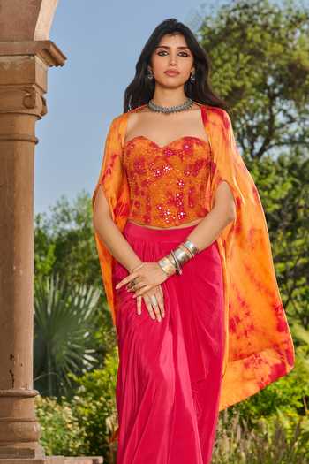 Shop_RINESSA_Orange Georgette, Crepe, Satin, Shantoon Sequins, Tie Dye Cape And Dhoti Skirt Set 