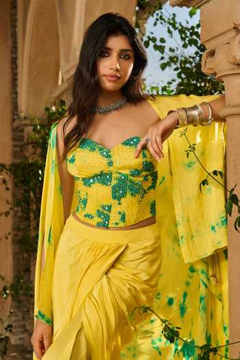 RINESSA_Yellow Georgette, Crepe, Satin, Hand Embellished Tie Dye Corset With Dhoti Skirt _Online_at_Aza_Fashions