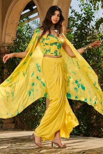 Shop_RINESSA_Yellow Georgette, Crepe, Satin, Hand Embellished Tie Dye Corset With Dhoti Skirt _Online_at_Aza_Fashions