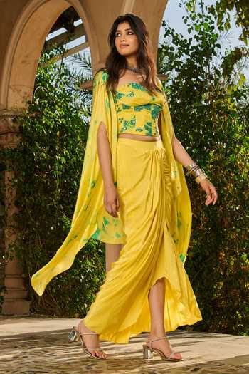 Shop_RINESSA_Yellow Georgette, Crepe, Satin, Hand Embellished Tie Dye Corset With Dhoti Skirt _at_Aza_Fashions