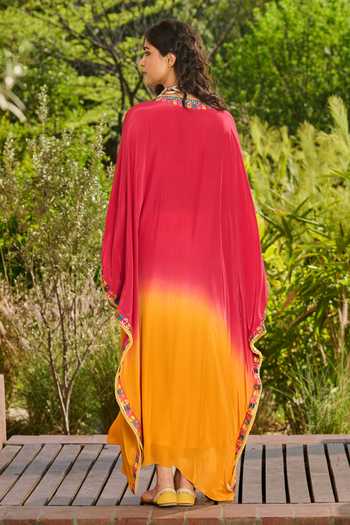 Shop_RINESSA_Pink Crepe, Net, Shantoon, Lace V-neck Hand Embellished Ombre Kaftan _at_Aza_Fashions