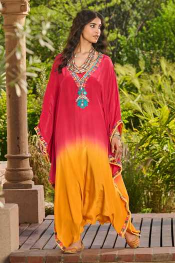 Buy_RINESSA_Pink Crepe, Net, Shantoon, Lace V-neck Hand Embellished Ombre Kaftan _Online_at_Aza_Fashions