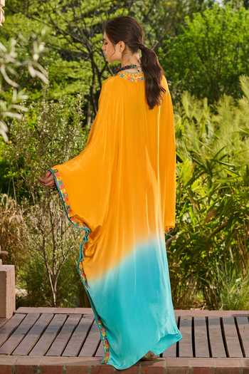 Shop_RINESSA_Yellow Crepe, Net, Lace, Shantoon V-neck Ombre Hand Embellished Kaftan _at_Aza_Fashions