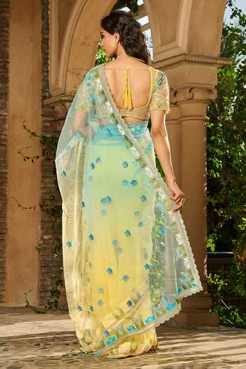 Shop_RINESSA_Yellow Crepe, Net, Shantoon V-neck Ombre Saree With Embroidered Blouse _at_Aza_Fashions