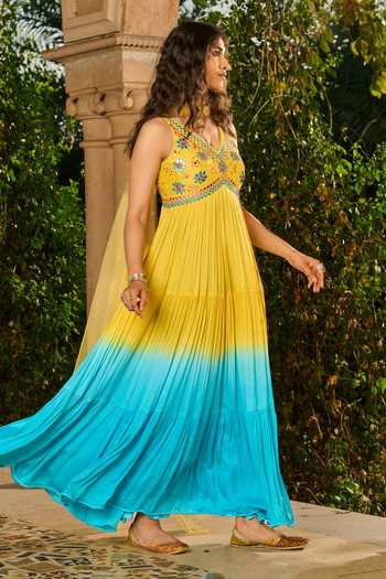 RINESSA_Yellow Silk, Georgette, Satin, Net, Hand Embroidered Ombre Anarkali With Dupatta _at_Aza_Fashions