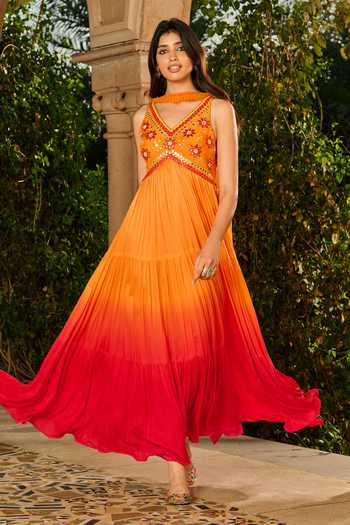 Buy_RINESSA_Red Shantoon, Silk, Satin, Net, Ombre Embroidered Anarkali With Dupatta _at_Aza_Fashions
