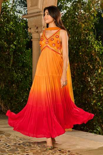 RINESSA_Red Shantoon, Silk, Satin, Net, Ombre Embroidered Anarkali With Dupatta _at_Aza_Fashions