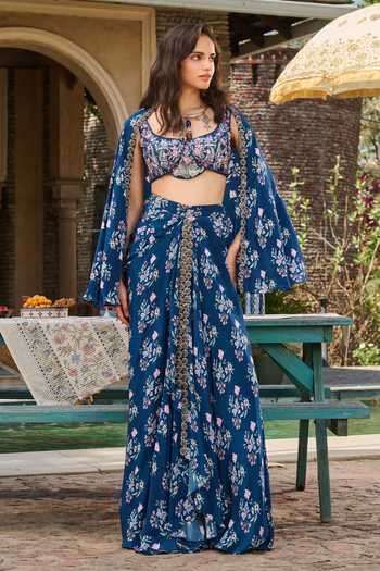 Buy_RINESSA_Blue Crepe, Dupion, Shantoon, Silk Floral Print Cape And Draped Skirt Co-ord Set _at_Aza_Fashions