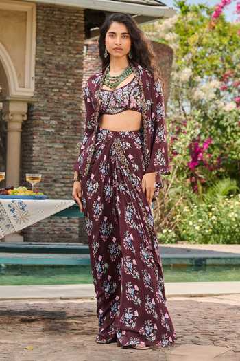 Buy_RINESSA_Maroon Silk, Crepe, Dupion, Shantoon Printed Cape And Draped Skirt Co-ord Set _at_Aza_Fashions