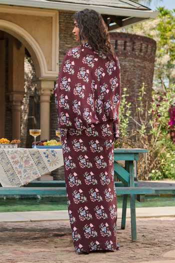 Shop_RINESSA_Maroon Silk, Crepe, Dupion, Shantoon Printed Cape And Draped Skirt Co-ord Set _at_Aza_Fashions