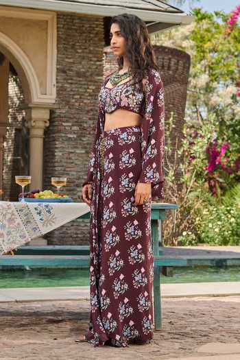 Buy_RINESSA_Maroon Silk, Crepe, Dupion, Shantoon Printed Cape And Draped Skirt Co-ord Set _Online_at_Aza_Fashions