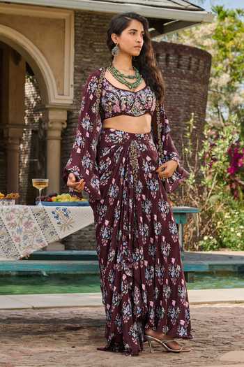 Shop_RINESSA_Maroon Silk, Crepe, Dupion, Shantoon Printed Cape And Draped Skirt Co-ord Set _Online_at_Aza_Fashions