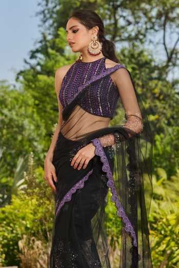 RINESSA_Black Satin, Net Halter Neck Printed Embellished Saree With Blouse _at_Aza_Fashions