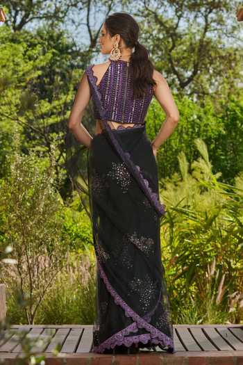 Shop_RINESSA_Black Satin, Net Halter Neck Printed Embellished Saree With Blouse _at_Aza_Fashions