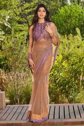 Buy_RINESSA_Gold Satin, Net Halter Neck Printed Embellished Saree With Embroidered Blouse _Online_at_Aza_Fashions