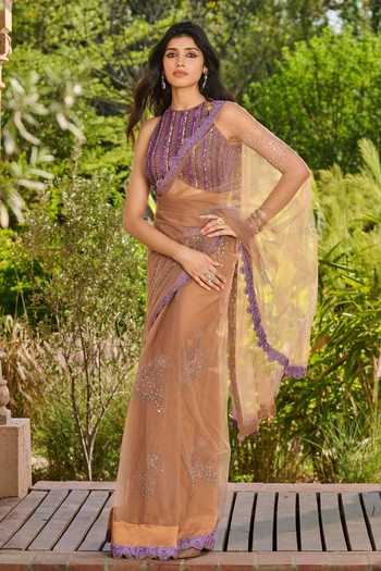 Buy_RINESSA_Gold Satin, Net Halter Neck Printed Embellished Saree With Embroidered Blouse _at_Aza_Fashions