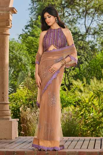 RINESSA_Gold Satin, Net Halter Neck Printed Embellished Saree With Embroidered Blouse _at_Aza_Fashions