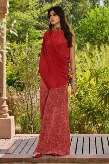 Shop_RINESSA_Red Crepe, Dupion, Silk Choker Printed Sharara With Embroidered Collar Drape _at_Aza_Fashions