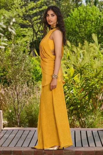 Buy_RINESSA_Yellow Silk, Crepe, Dupion Choker Printed Sharara With Embroidered Collar Drape _Online_at_Aza_Fashions