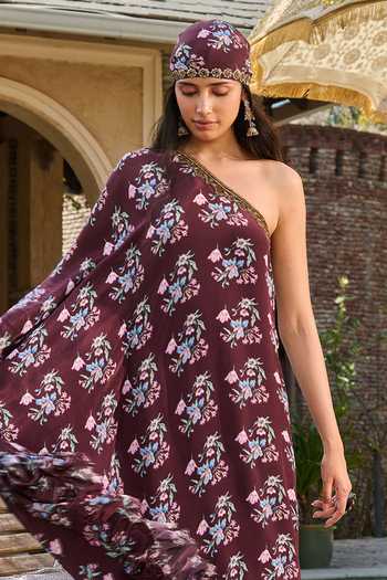 RINESSA_Maroon Crepe, Net One Shoulder Hand Embellished Off Printed Kaftan _Online_at_Aza_Fashions