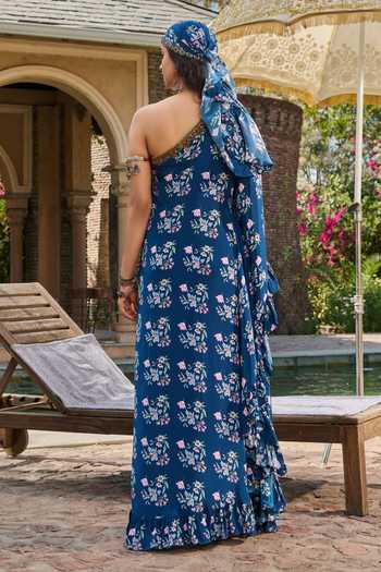 Shop_RINESSA_Blue Crepe, Net One Shoulder Hand Embellished Off Printed Kaftan _at_Aza_Fashions