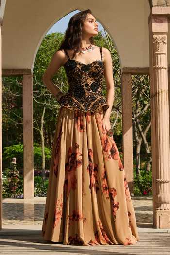 Buy_RINESSA_Black Crepe, Net, Shantoon Hand Embroidered Peplum Top And Printed Skirt Set _at_Aza_Fashions