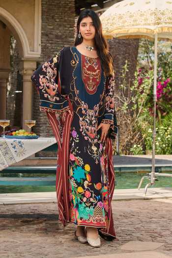Shop_RINESSA_Black Crepe Round Neck Hand Embellished Printed Kaftan With Slip _at_Aza_Fashions