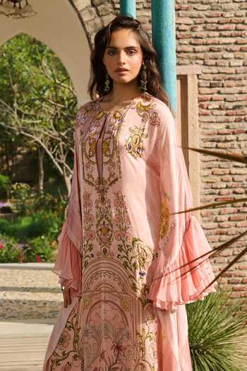 RINESSA_Peach Organza, Satin, Modal Hand Embellished Suzani Print Kaftan With Slip _Online_at_Aza_Fashions