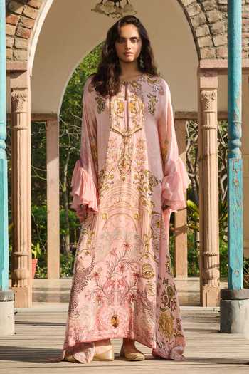 Buy_RINESSA_Peach Organza, Satin, Modal Hand Embellished Suzani Print Kaftan With Slip _Online_at_Aza_Fashions