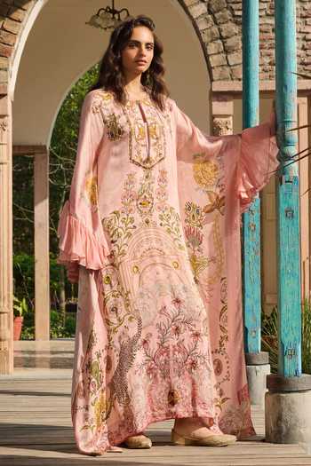 Shop_RINESSA_Peach Organza, Satin, Modal Hand Embellished Suzani Print Kaftan With Slip _Online_at_Aza_Fashions