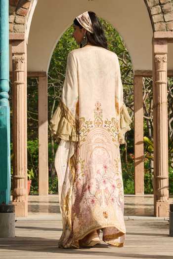 Shop_RINESSA_Beige Organza, Satin, Modal Suzani Print Hand Embellished Kaftan With Slip _at_Aza_Fashions