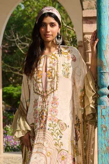 RINESSA_Beige Organza, Satin, Modal Suzani Print Hand Embellished Kaftan With Slip _Online_at_Aza_Fashions