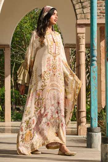 Shop_RINESSA_Beige Organza, Satin, Modal Suzani Print Hand Embellished Kaftan With Slip _Online_at_Aza_Fashions