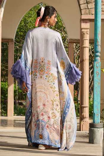 Shop_RINESSA_Blue Organza, Satin, Modal Keyhole Embellished Suzani Print Kaftan With Slip _at_Aza_Fashions