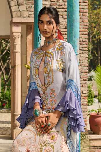 RINESSA_Blue Organza, Satin, Modal Keyhole Embellished Suzani Print Kaftan With Slip _Online_at_Aza_Fashions