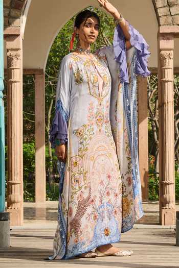 Buy_RINESSA_Blue Organza, Satin, Modal Keyhole Embellished Suzani Print Kaftan With Slip _Online_at_Aza_Fashions