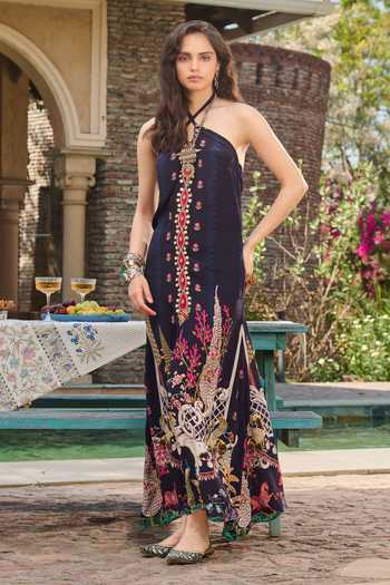RINESSA_Blue Georgette, Crepe, Satin Halter Neck Hand Embellished Cross Printed Dress _at_Aza_Fashions