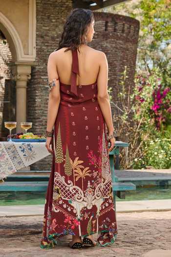 Shop_RINESSA_Maroon Georgette, Crepe, Satin Halter Neck Cross Printed Hand Embellished Dress _at_Aza_Fashions