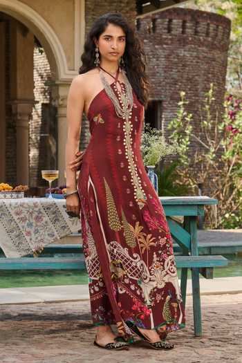 Shop_RINESSA_Maroon Georgette, Crepe, Satin Halter Neck Cross Printed Hand Embellished Dress _Online_at_Aza_Fashions