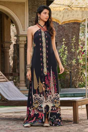 Buy_RINESSA_Black Georgette, Crepe, Satin Halter Neck Printed And Embellished Cross Dress _Online_at_Aza_Fashions