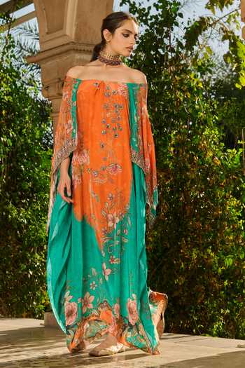 Buy_RINESSA_Green Crepe Off-shoulder Hand Embellished Off Printed Kaftan _Online_at_Aza_Fashions