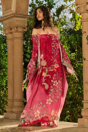 Shop_RINESSA_Pink Crepe Off-shoulder Printed Hand Embellished Off Kaftan _at_Aza_Fashions