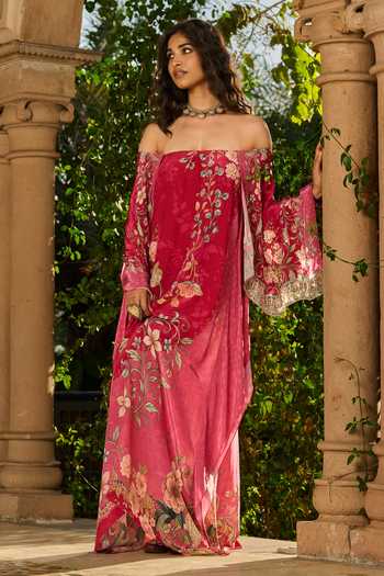 Buy_RINESSA_Pink Crepe Off-shoulder Printed Hand Embellished Off Kaftan _Online_at_Aza_Fashions