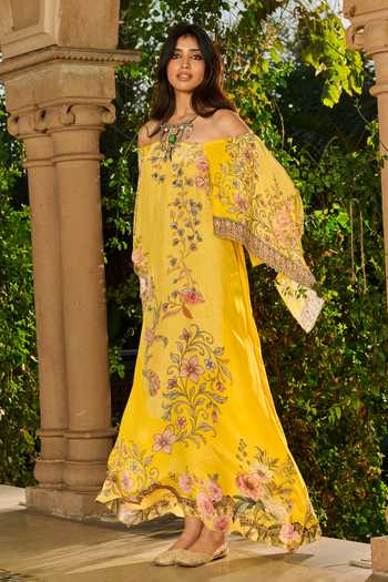Buy_RINESSA_Yellow Crepe Off-shoulder Hand Embellished Printed Off Kaftan _Online_at_Aza_Fashions