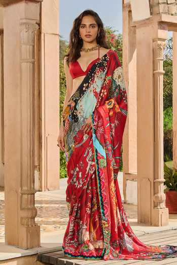 Buy_RINESSA_Red Crepe, Satin, Shantoon Plunge Neck Abstract Print Saree With Bralette _at_Aza_Fashions