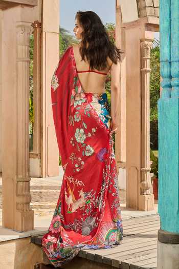 Shop_RINESSA_Red Crepe, Satin, Shantoon Plunge Neck Abstract Print Saree With Bralette _at_Aza_Fashions