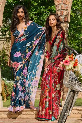 RINESSA_Red Crepe, Satin, Shantoon Plunge Neck Abstract Print Saree With Bralette _at_Aza_Fashions