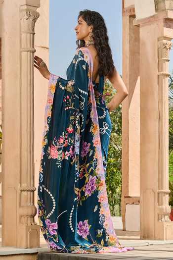 Shop_RINESSA_Green Crepe, Satin, Shantoon Floral Print Saree With Hand Embellished Blouse _at_Aza_Fashions