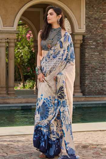 Shop_RINESSA_Beige Crepe, Net, Satin, Shantoon Printed Saree With Hand Embellished Blouse _at_Aza_Fashions